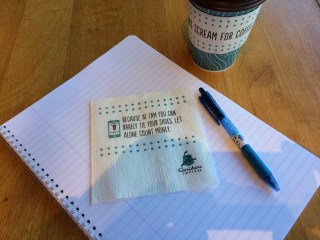 Caribou Coffee paper napkin with joke about lack of sleep