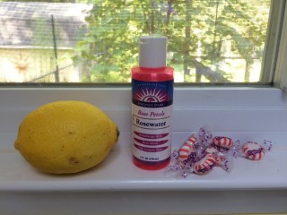 Windowsill display of lemon, rosewater, and peppermint candies